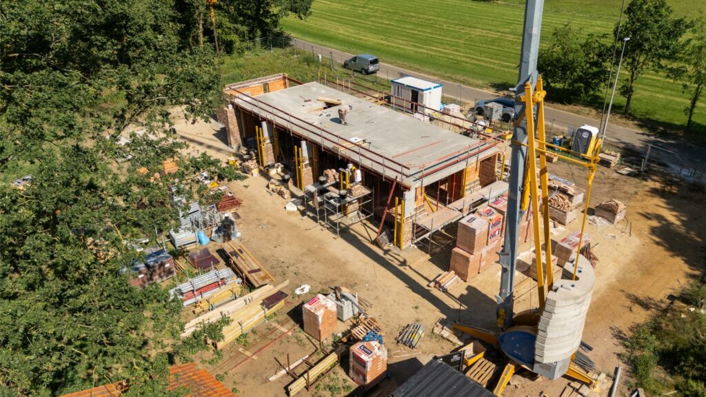 Aerial construction site nearing completion
