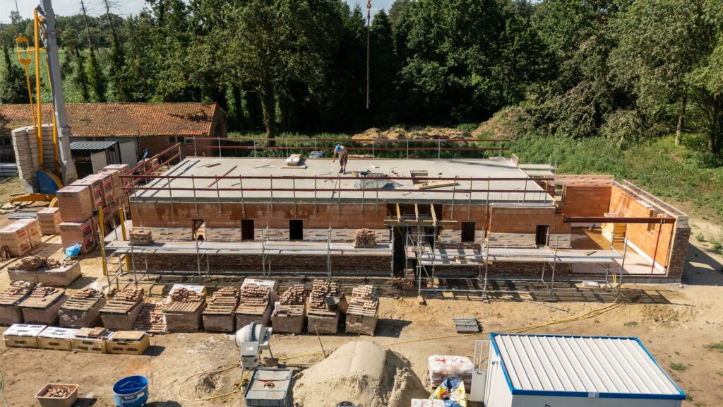 Aerial view building roof installed